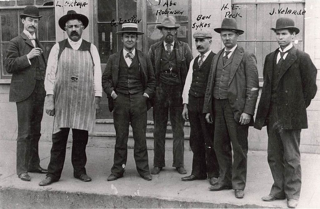 Staff of the Ventura Free Press standing in front of their 414 Oak Street office in 1897. 
