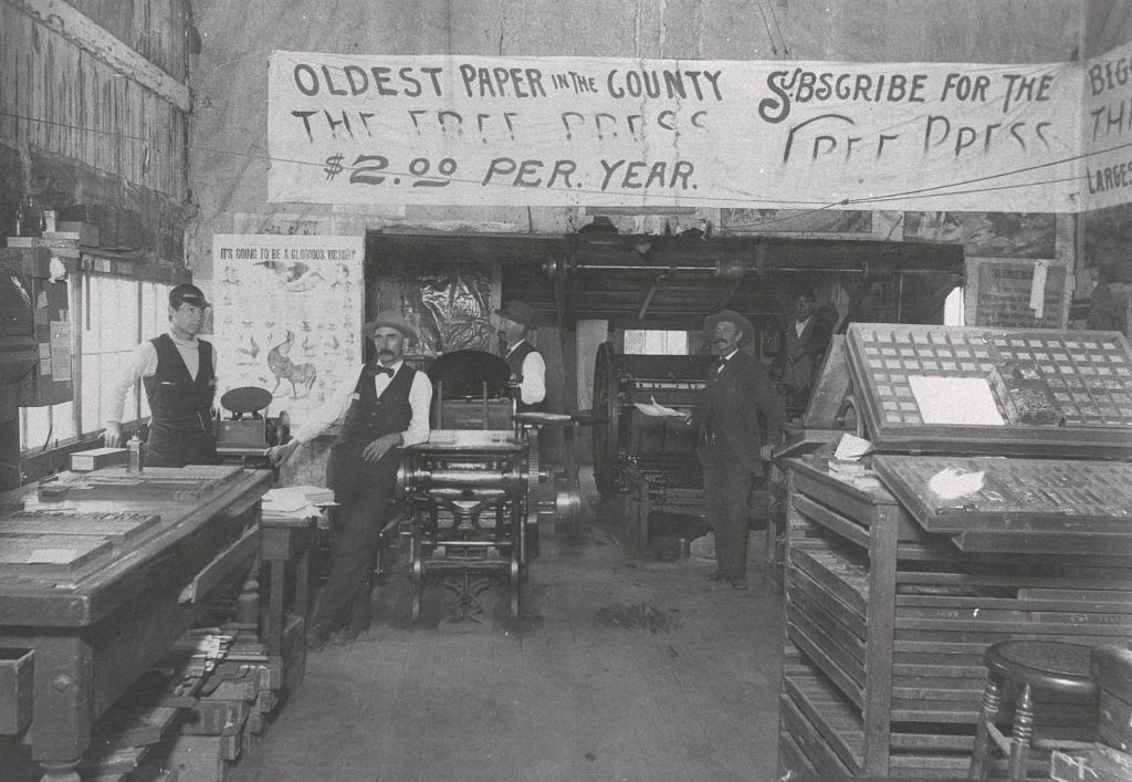 Interior of the Free Press office during the 1896 visit of President William McKinley. 