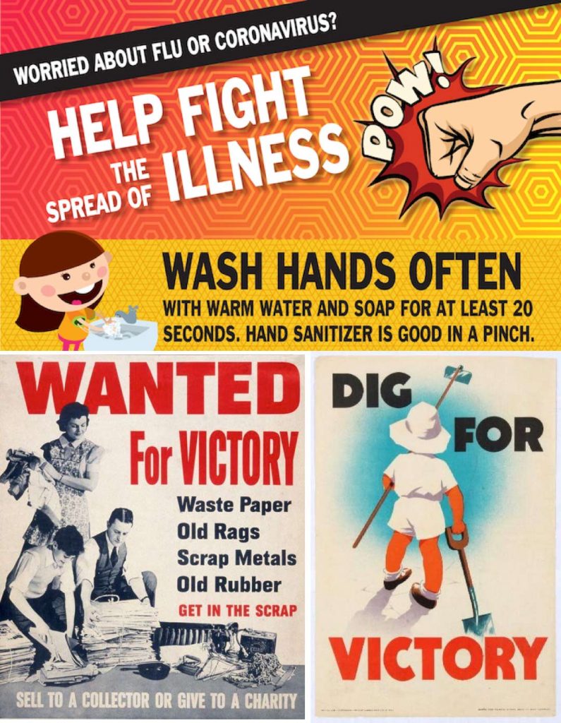 Collage of three posters related to helping fight illness and war.