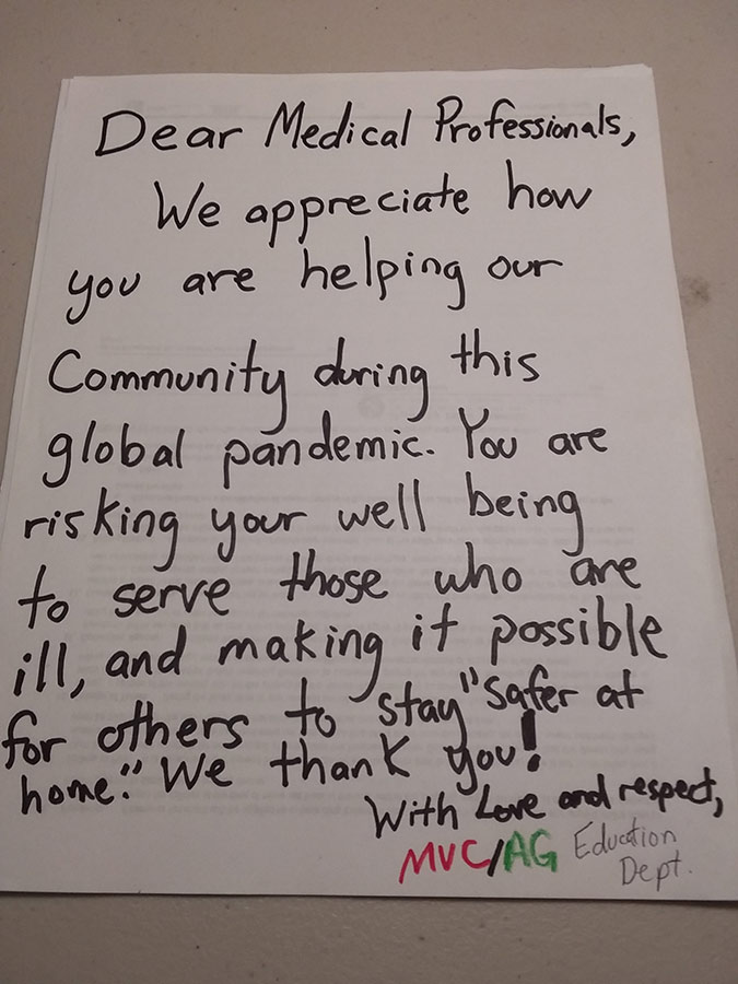 photo of a letter of gratitude addressed to medial professionals.