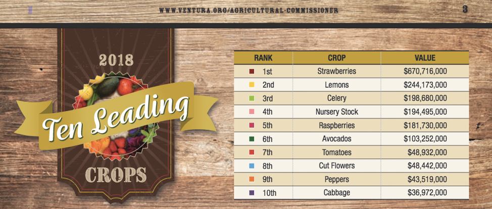 2018 Ten Leading Crops. 1 strawberries = $670,716,000, 2 lemons = $244,173,000, 3, celery = 198,680,000, 4 nursery stock = $194,495,000, 5, raspberries = $181,730,000, 6 avocados = $103,252,000, 7 tomatoes = $48,932,000, 8 cut flowers = $48,442,000, 9 peppers = $43,519,000, 10 cabbage = $36,972,000