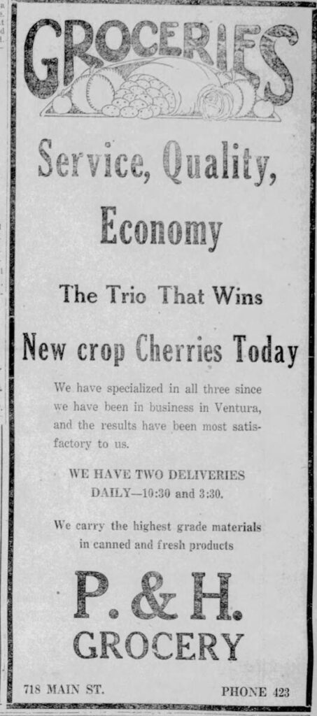 Vintage newspaper advertisement for P. & H. Grocery promoting 'Service, Quality, Economy,' two daily deliveries, and featuring a drawing of fruits and vegetables above the word 'GROCERIES.'