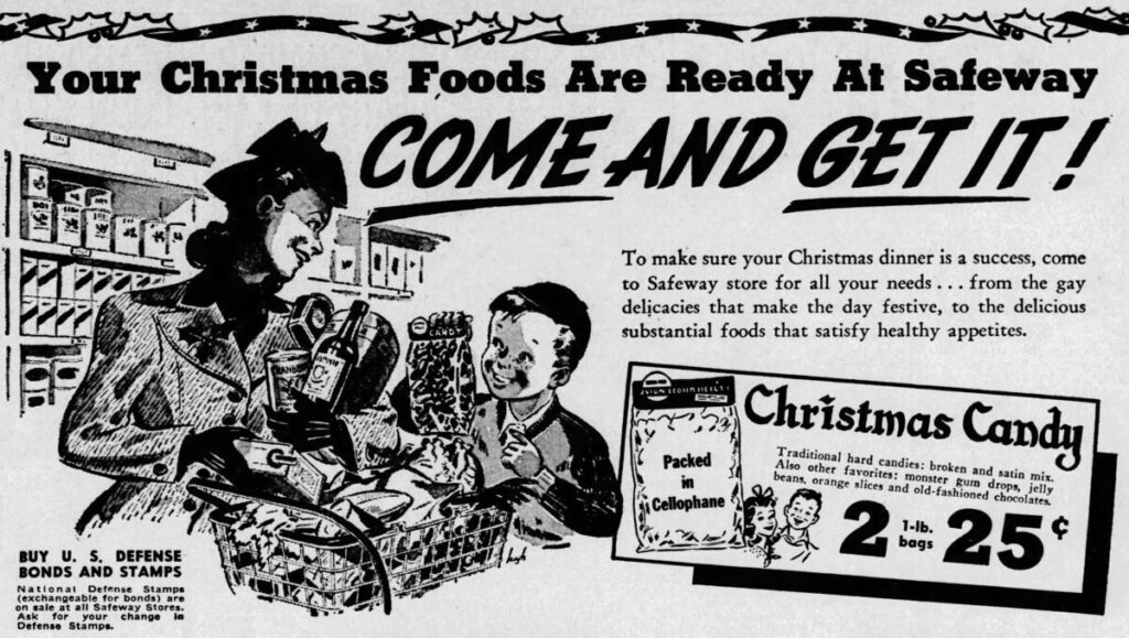 Vintage Safeway Christmas advertisement illustration from the World War II era, showing a woman and a young boy filling a metal hand shopping basket, with a callout promoting the purchase of U.S. Defense Bonds and Stamps.