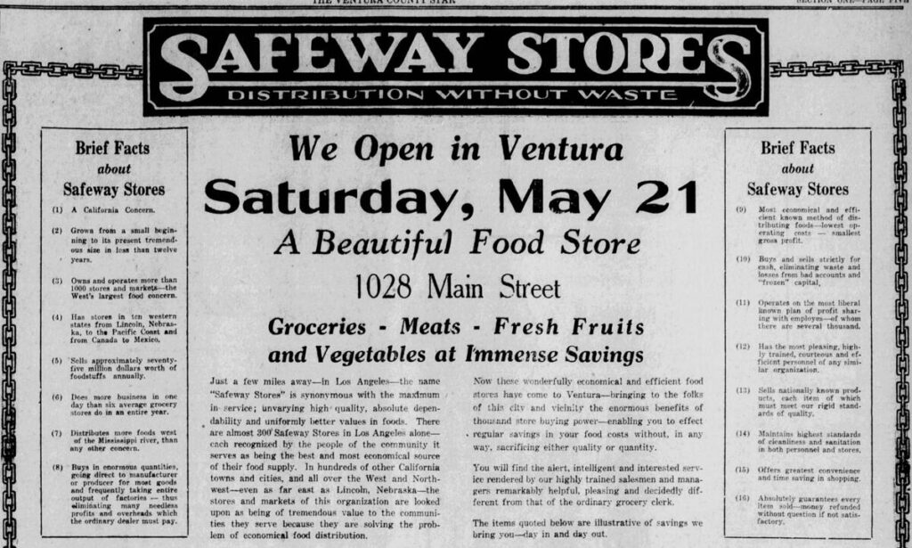 Large vintage newspaper advertisement for Safeway Stores, framed by a decorative chain border, announcing the grand opening of a new 'Beautiful Food Store' at 1028 Main Street in Ventura, complete with side panels listing 'Brief Facts' about the company's scale and operation.